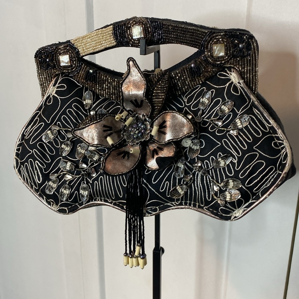 Mary Frances Black and greys Clutch - unique design - intricate beading and flor